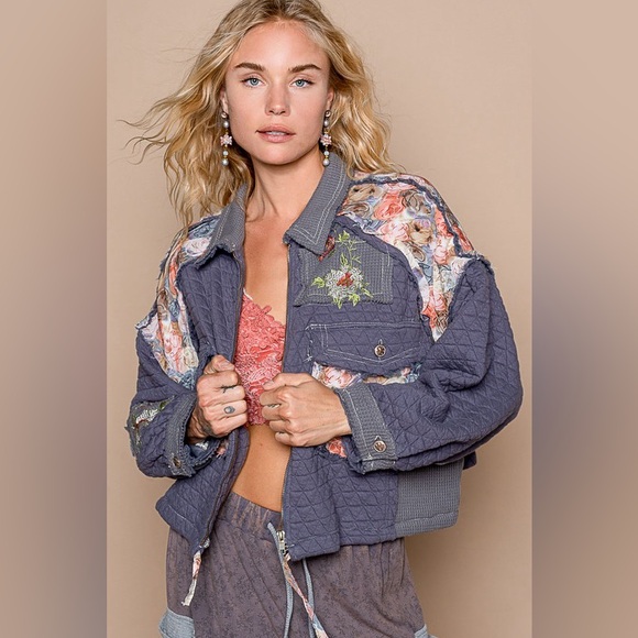 POL Embroidered Lace Patch Zip Up Hooded Jacket